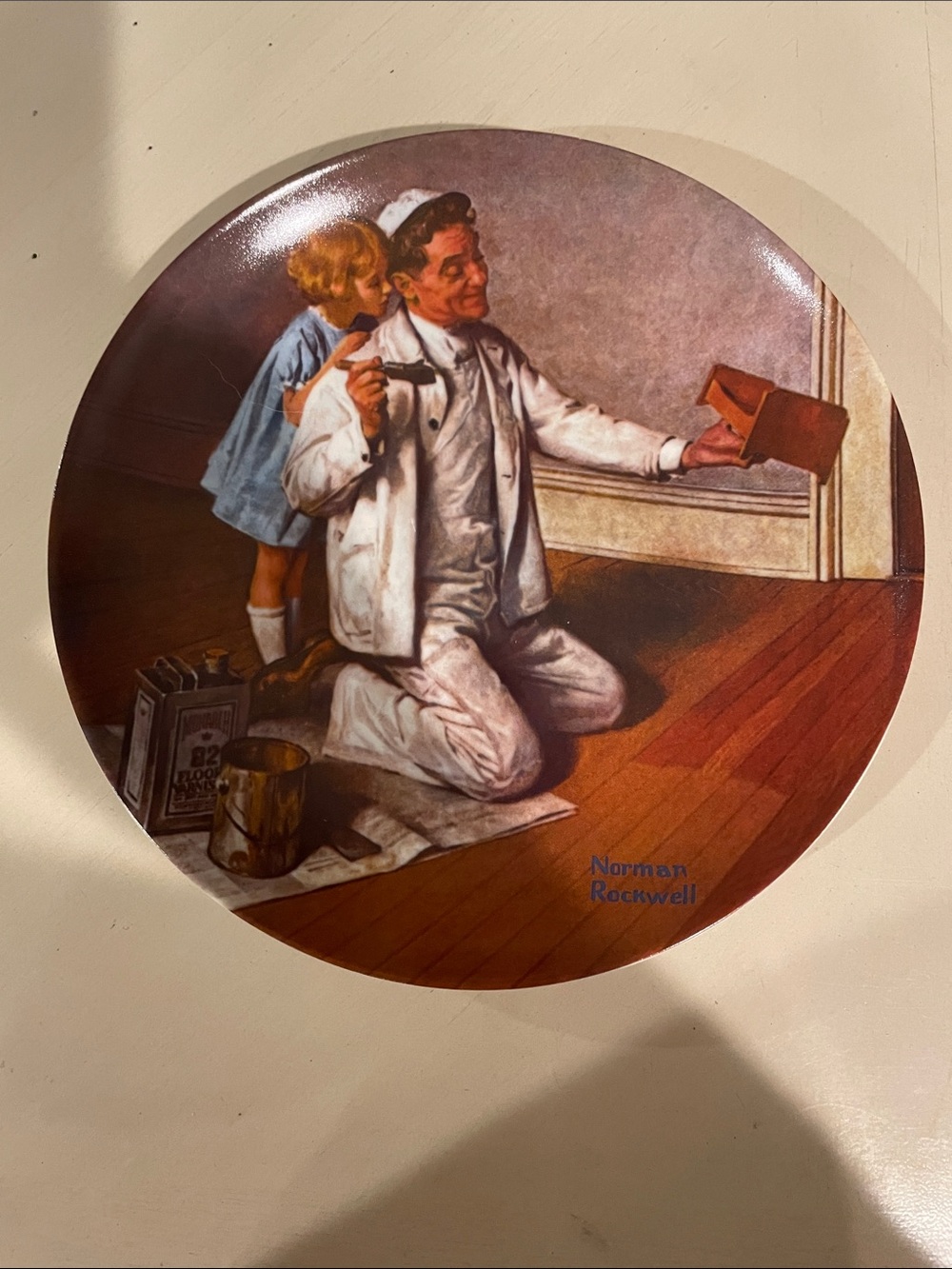 Norman Rockwell Painter and Child Wall Art in Brown, Cream, Blue
